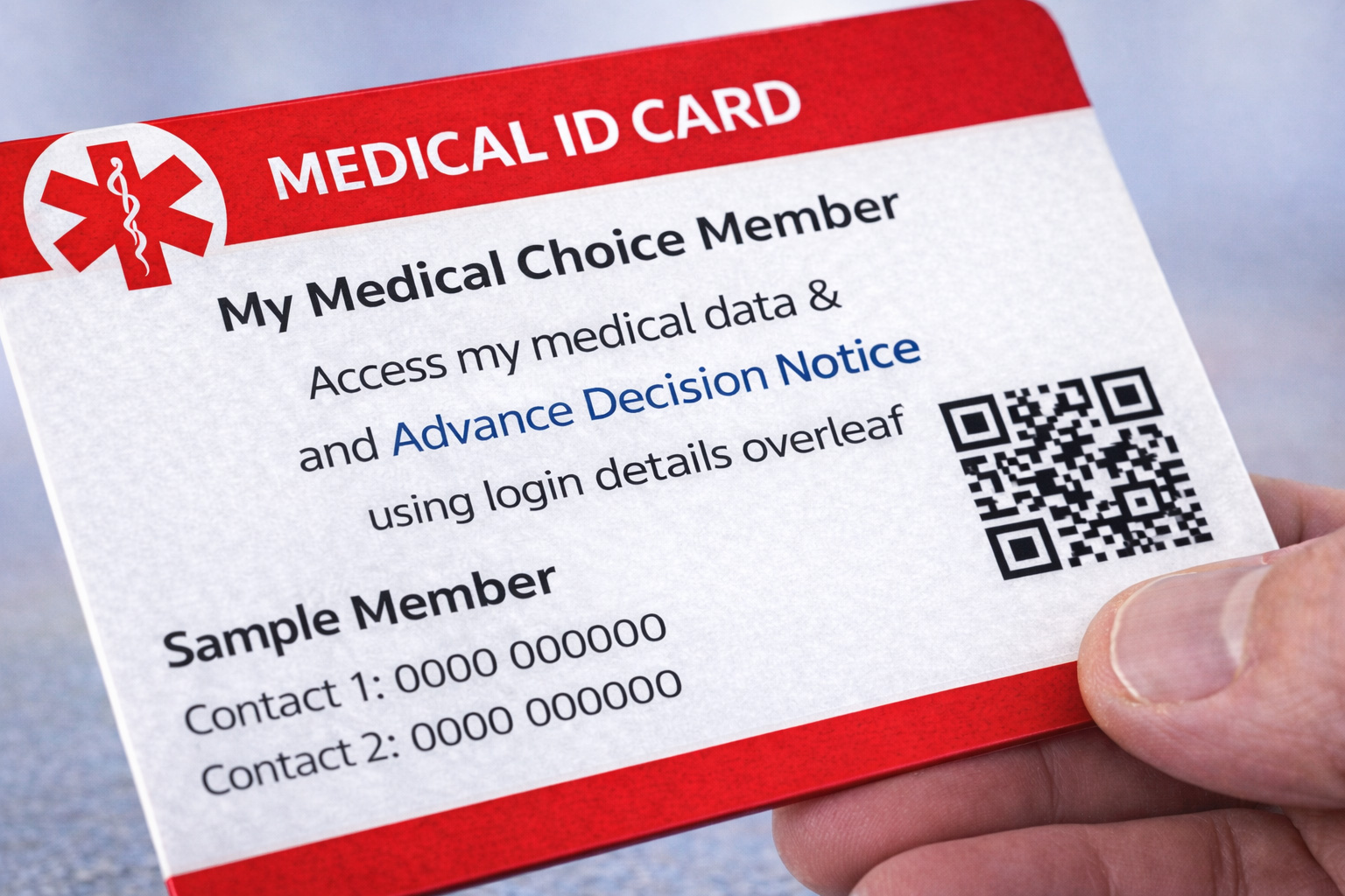 My Medical Choice medical ID card showing emergency profile access details