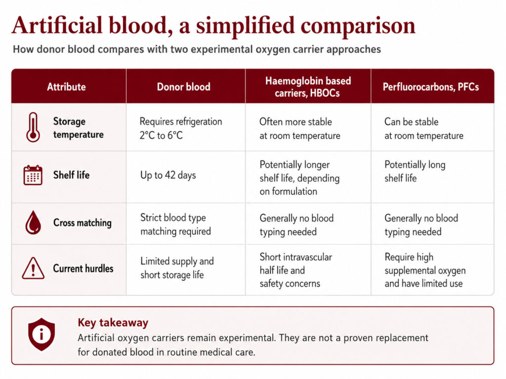 Infographic comparing donor blood with experimental artificial oxygen carriers, including haemoglobin based carriers, HBOCs, and perfluorocarbons, PFCs.